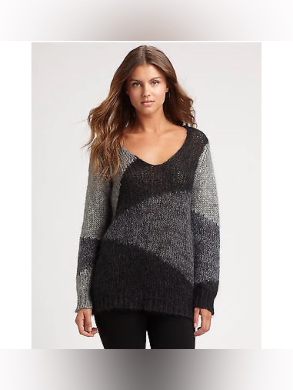 Eileen Fisher Mohair Cashmere Blend V-Neck Sweater L Gray Color Block Cozy